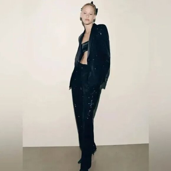 ZARA NWT SEQUIN WIDE LEG TAPERED PANTS LIMITED EDITION - - Picture 1 of 16